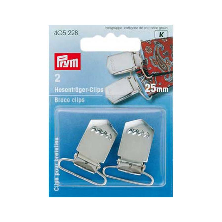 Prym Hosenträger-Clips 25 mm silberfarbig – 2 Stück auf weißem Hintergrund